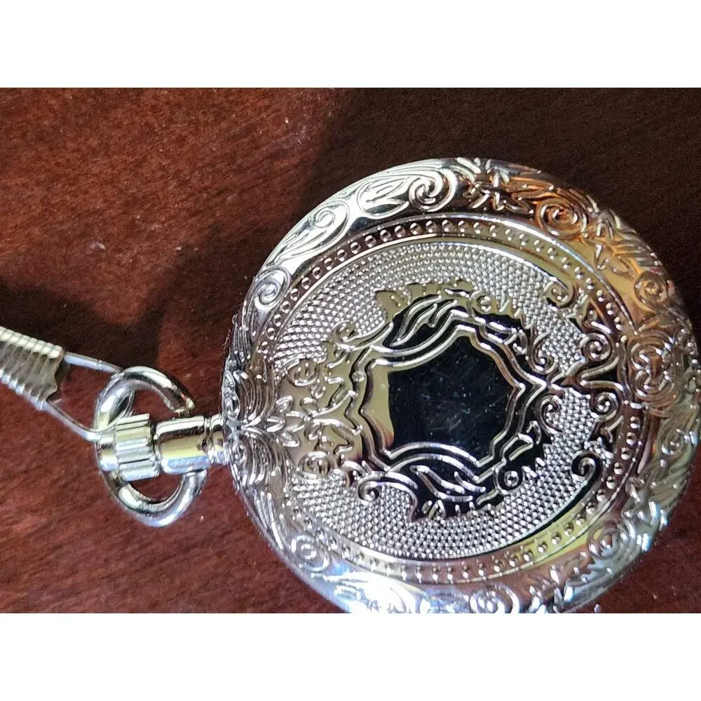 James Michael Skeleton Pocket Watch Silver Tone Open Face Quartz